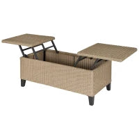 Tavolino da Caffè da Giardino Sollevabile, in Metallo Epossidico e Resina Intrecciata Effetto Rattan, Beige
