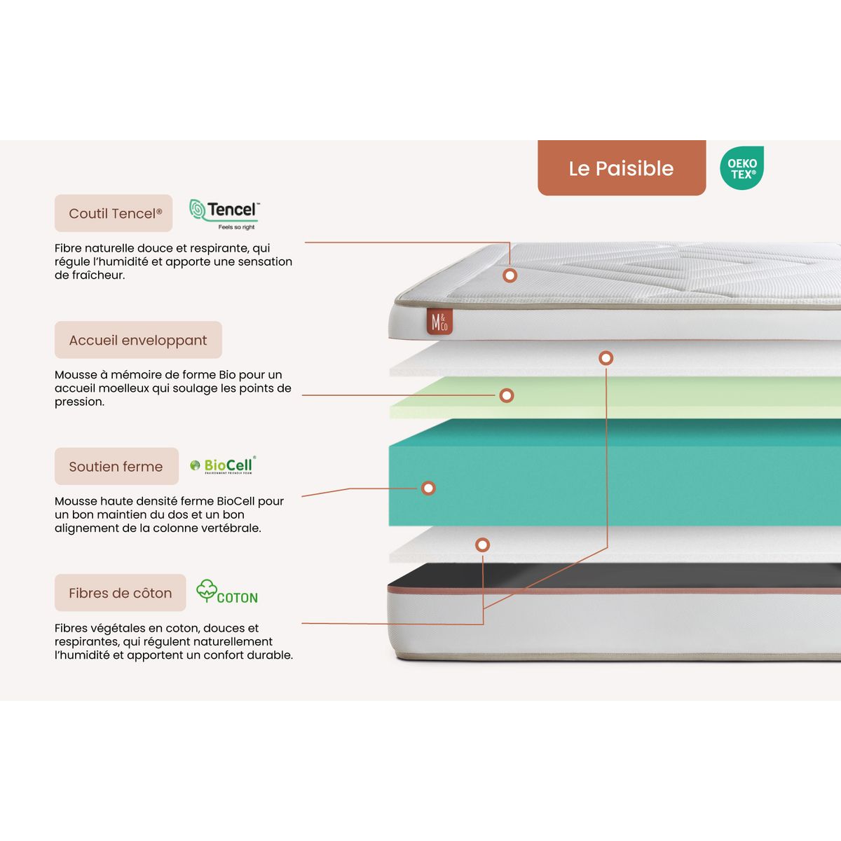 Pacchetto letto completo - Materasso 180x200cm + Box spring con doghe (kit) + 2 cuscini + Piumino - Le Paisible