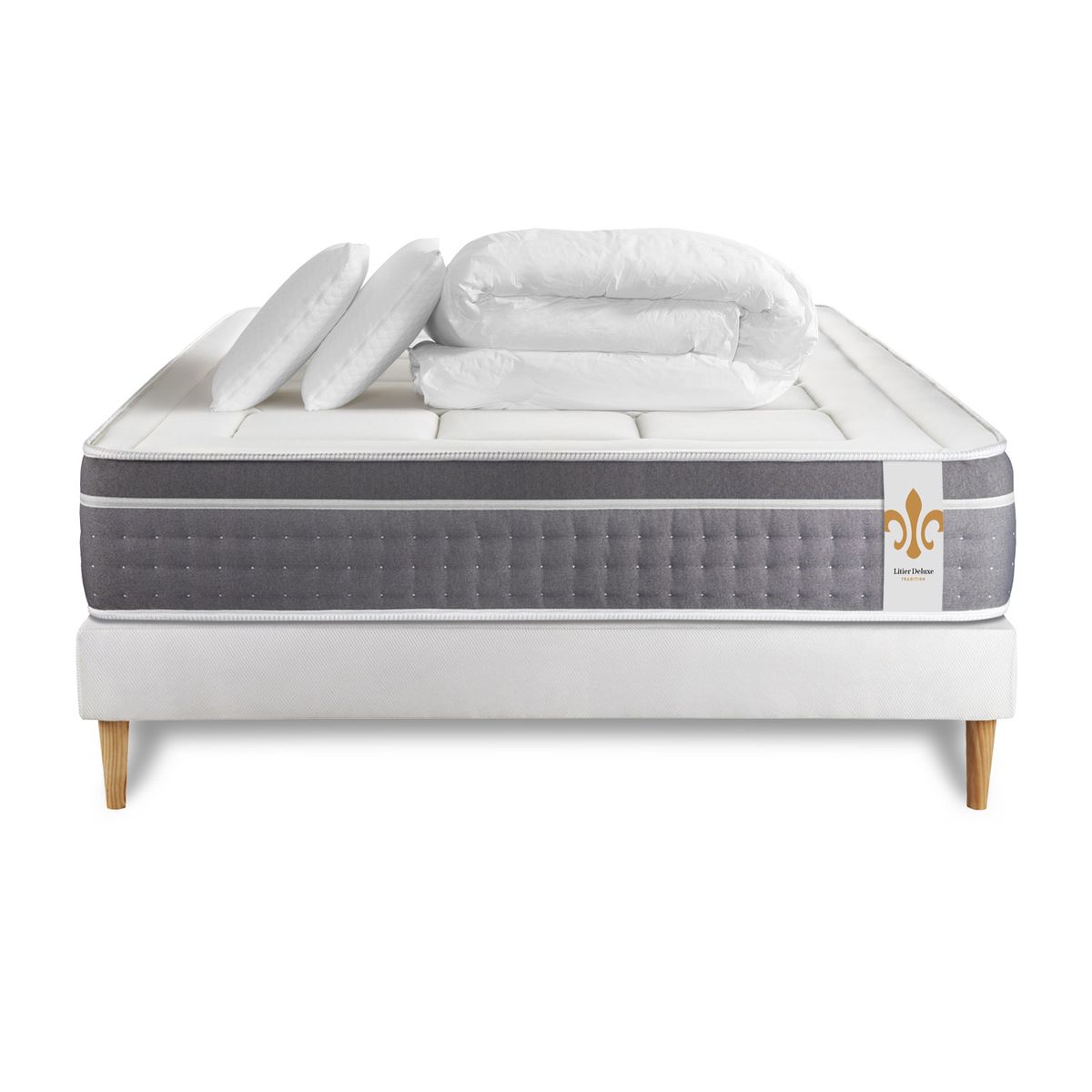 Pacchetto letto completo - Materasso 160x200cm + Box spring con doghe (kit) + 2 cuscini + Piumino - Trente