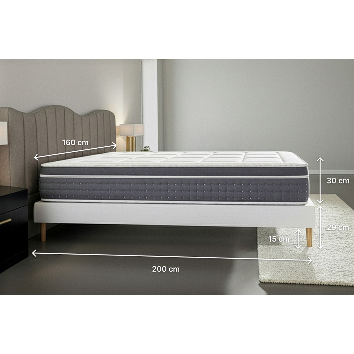 Pacchetto letto completo - Materasso 160x200cm + Box spring con doghe (kit) + 2 cuscini + Piumino - Trente