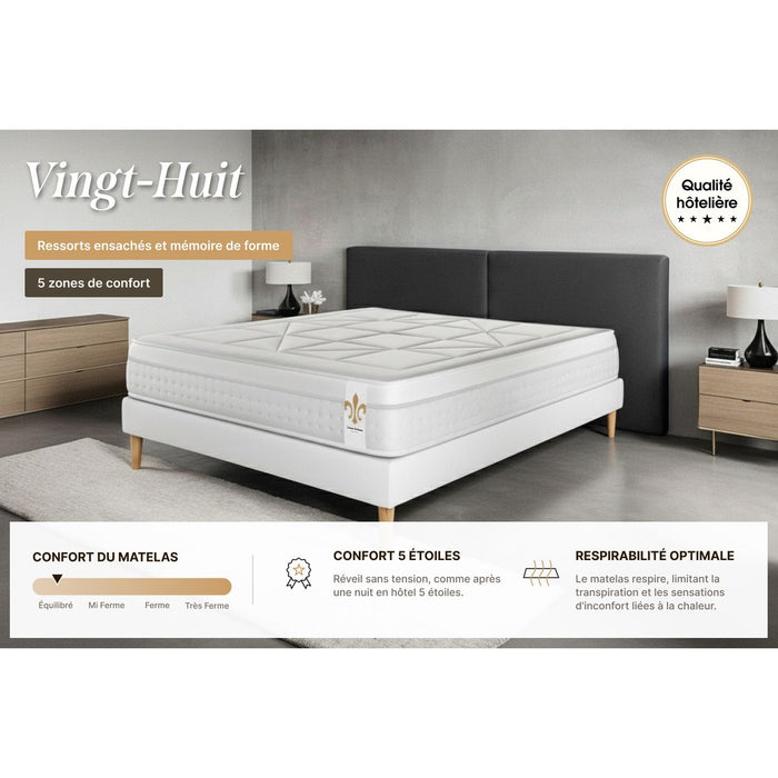 Pacchetto letto completo - Materasso 200x200cm + Box spring con doghe (kit) + 2 cuscini + Piumino - Vingt-Huit