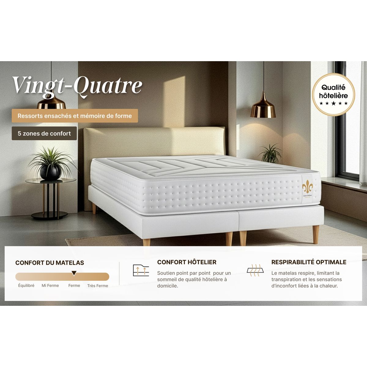 Pacchetto letto completo - Materasso 200x200cm + Box spring con doghe (kit) + 2 cuscini + Piumino - Vingt-Quatre