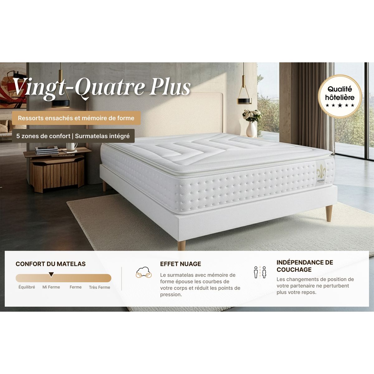 Pacchetto letto completo - Materasso 160x200cm + Box spring con doghe (kit) + 2 cuscini + Piumino - Vingt-Quatre PLUS