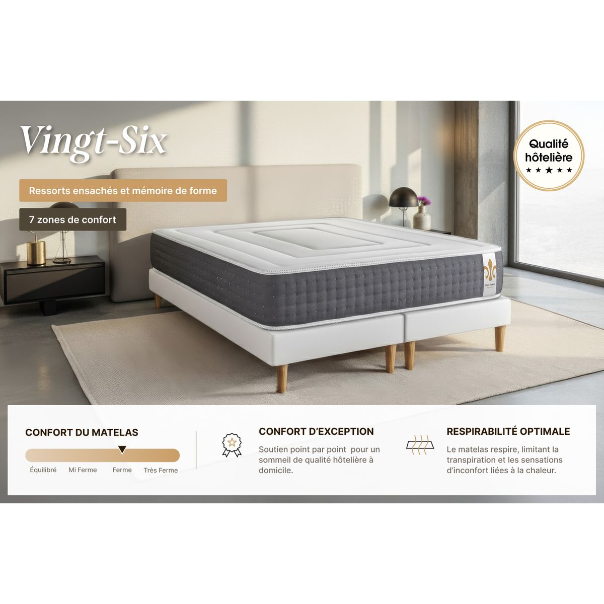 Pacchetto letto completo - Materasso 160x200cm + Box spring con doghe (kit) + 2 cuscini + Piumino - Vingt-Six