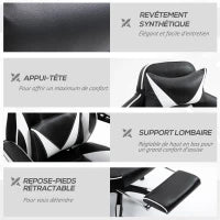 Sedia da Gaming Ergonomica, Sedia da Ufficio Confortevole con Poggiapiedi, Poggiatesta e Cuscino Lombare, Altezza Regolabile, Nero e Bianco