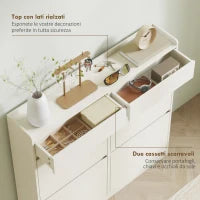 Scarpiera Slim in Legno con 4 Cassetti a Ribalta e 2 Cassetti Scorrevoli, 98x19.2x95.3 cm, Bianco