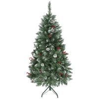 Albero di Natale Alto 150 cm da Interno con 398 Rami, Pigne e Bacche Rosse, Base in Metallo, Verde
