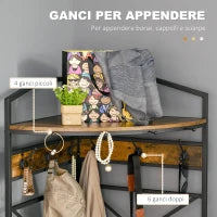 Appendiabiti da Terra Angolare con Panca e Scarpiera in Stile Industriale, 50x50x183cm, Marrone