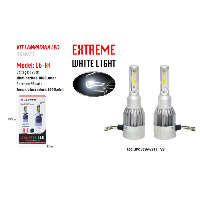 Trade Shop - Led Auto E Moto Lampade Fari Maxtech H4 C6 Kit Lampadine 36w Luce Bianca 6000k -