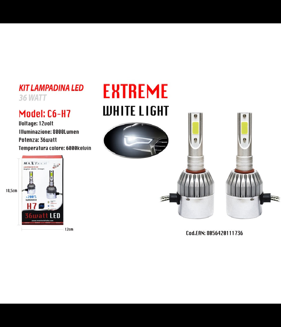 Led Auto E Moto Lampade Fari Maxtech H7 C6 Kit Lampadine 36w Luce Bianca 6000k         