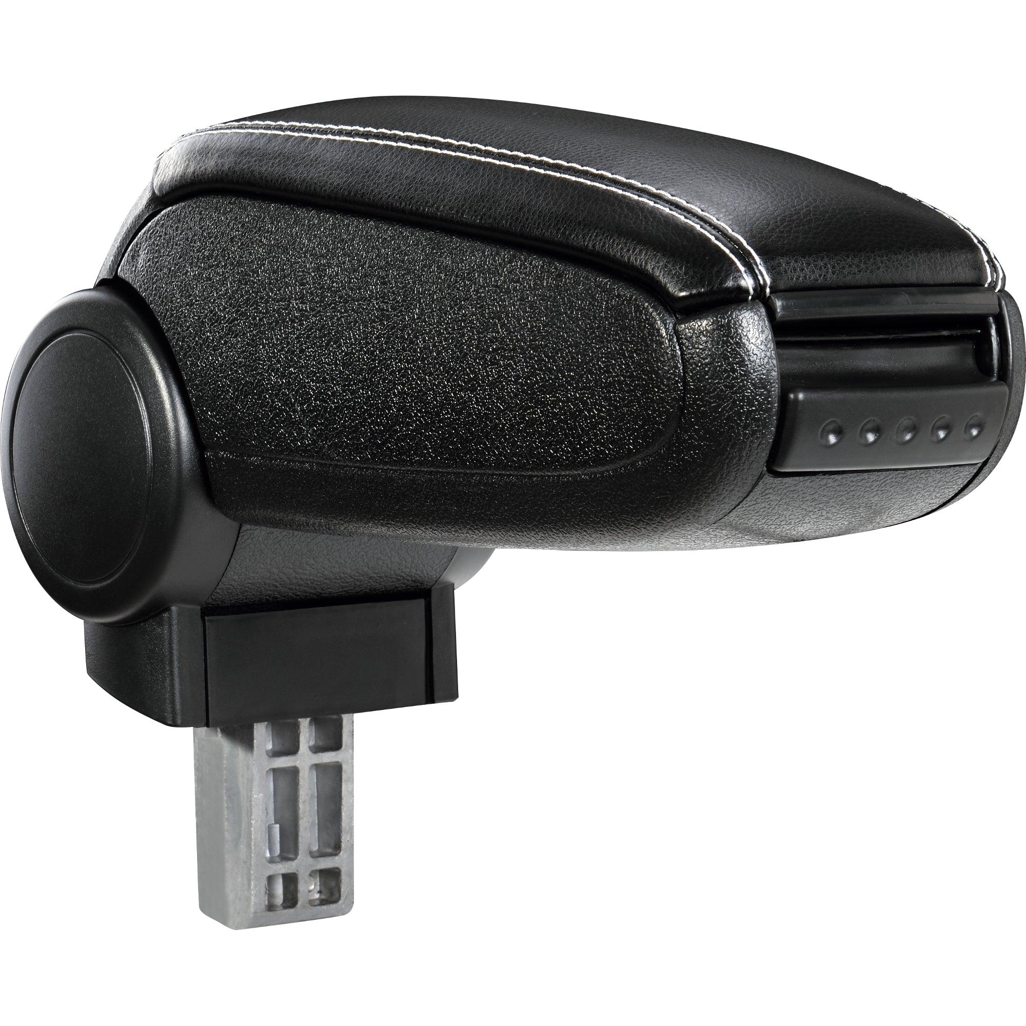 Bracciolo centrale per Nissan Micra con scomparto imbottito in pelle nera-sintetico con cuciture bianche 03_0000527