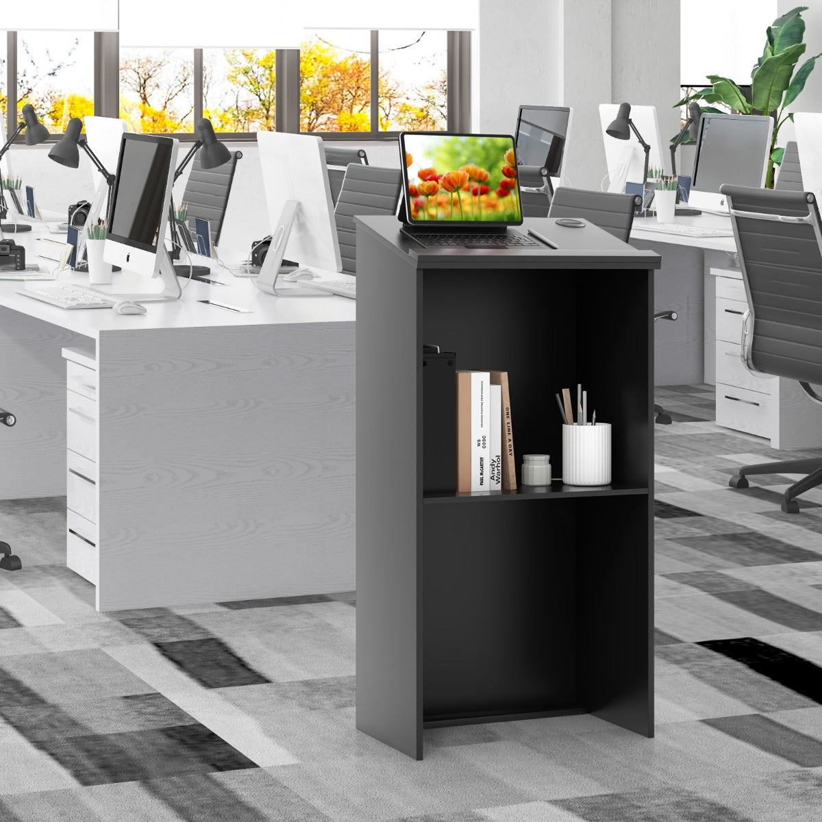 Leggio da 117 cm per oratori con ripiani e fori per cavi, Leggio da pulpito per chiesa in legno per aula Nero-Tavolini per laptop