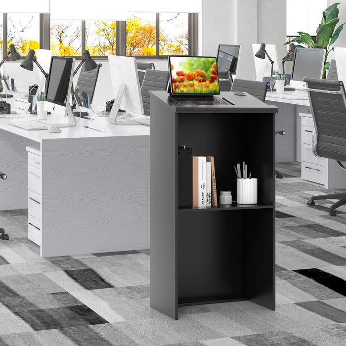 Leggio da 117 cm per oratori con ripiani e fori per cavi, Leggio da pulpito per chiesa in legno per aula Nero-Tavolini per laptop