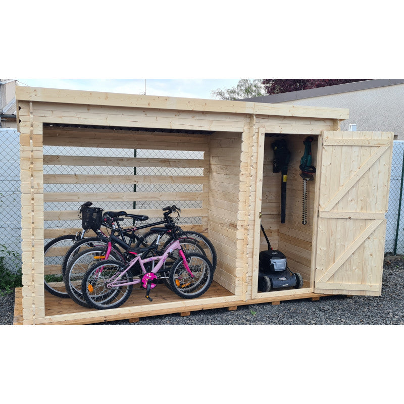 Legnaia multiuso in legno massello 325x120 cm  con zona chiusa e deposito laterale  pareti 20 mm  RB3312 Foresta