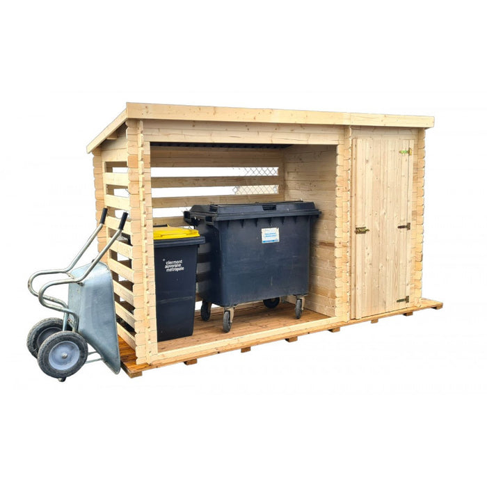 Legnaia multiuso in legno massello 325x120 cm  con zona chiusa e deposito laterale  pareti 20 mm  RB3312 Foresta