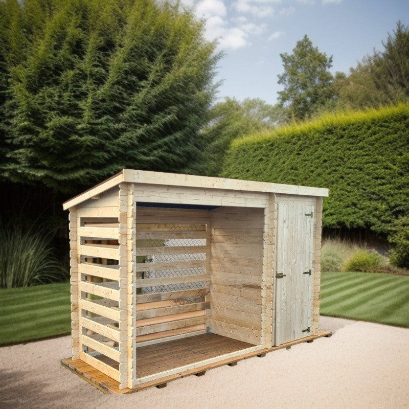 Legnaia multiuso in legno massello 325x120 cm  con zona chiusa e deposito laterale  pareti 20 mm  RB3312 Foresta