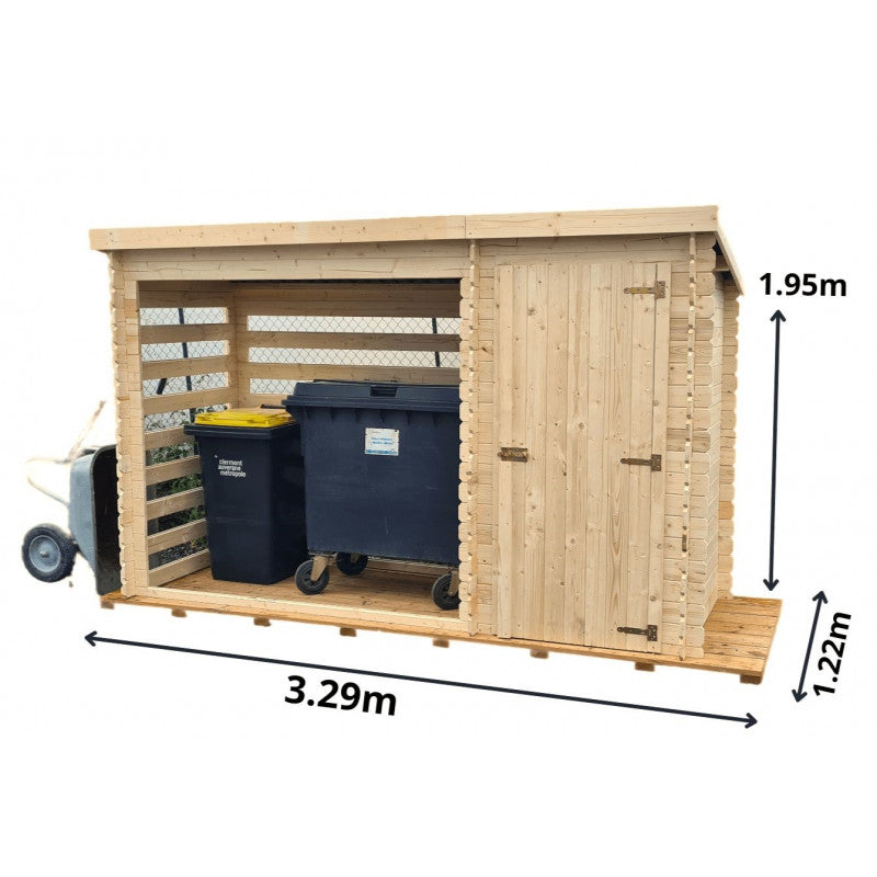 Legnaia multiuso in legno massello 325x120 cm  con zona chiusa e deposito laterale  pareti 20 mm  RB3312 Foresta