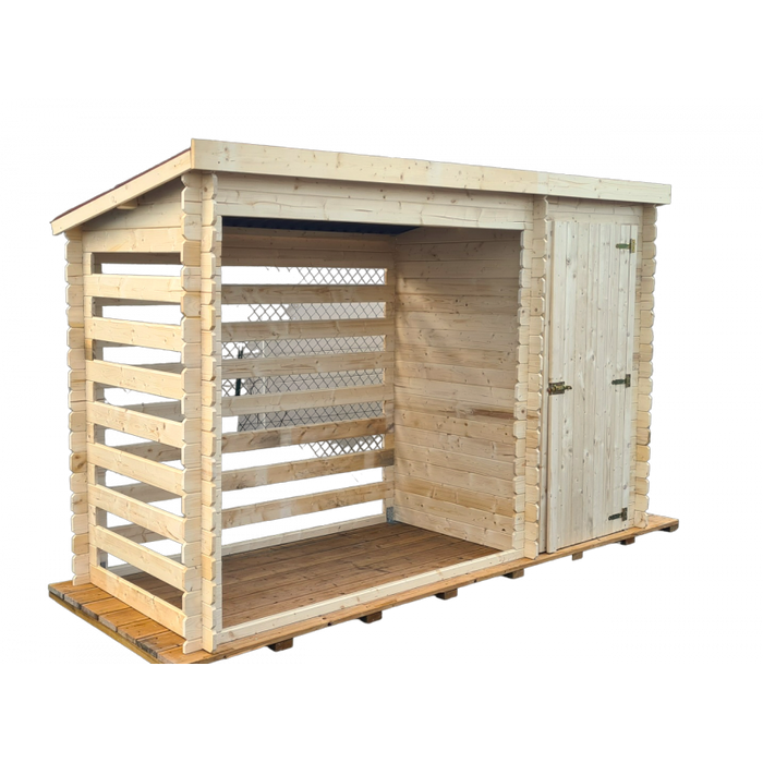 Legnaia multiuso in legno massello 325x120 cm  con zona chiusa e deposito laterale  pareti 20 mm  RB3312 Foresta