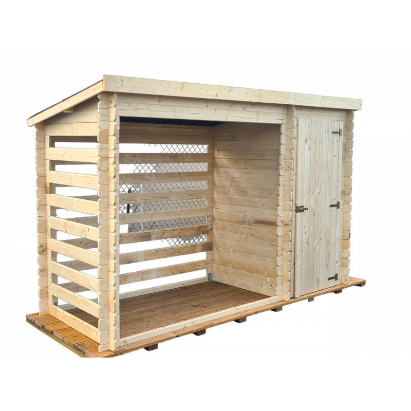 Legnaia multiuso in legno massello 325x120 cm  con zona chiusa e deposito laterale  pareti 20 mm  RB3312 Foresta