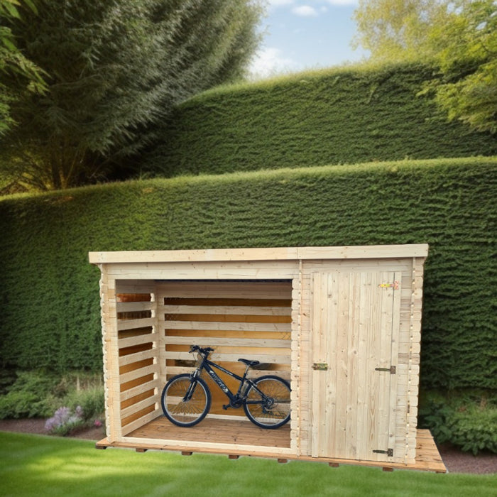 Legnaia multiuso in legno massello 325x120 cm  con zona chiusa e deposito laterale  pareti 20 mm  RB3312 Foresta