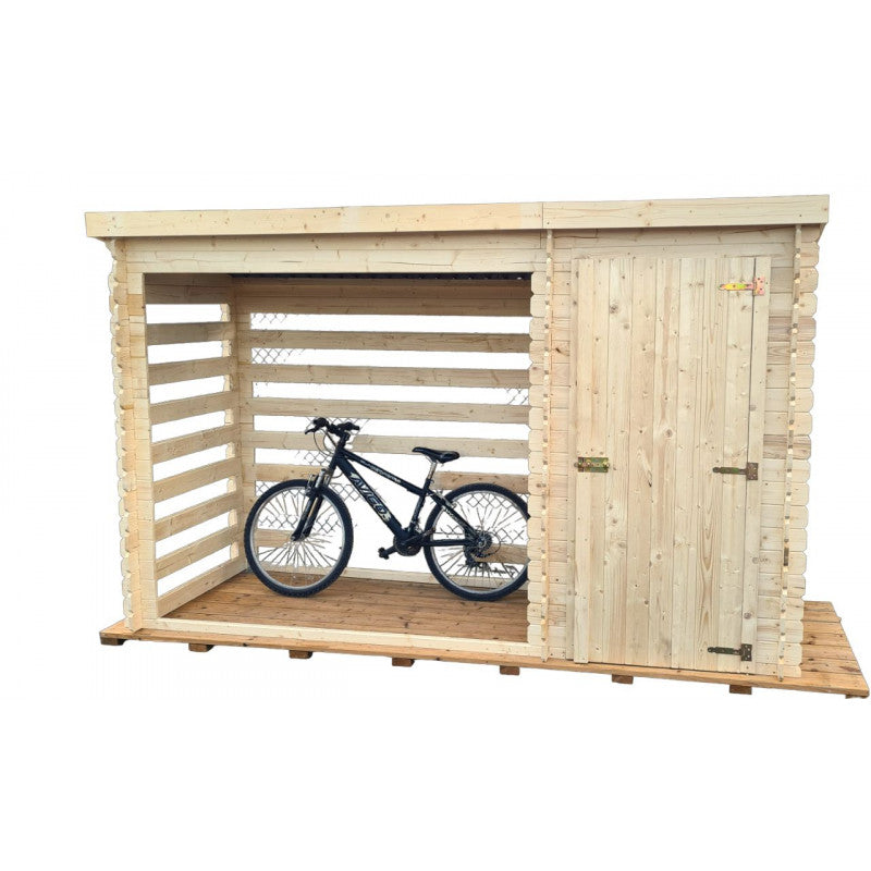 Legnaia multiuso in legno massello 325x120 cm  con zona chiusa e deposito laterale  pareti 20 mm  RB3312 Foresta