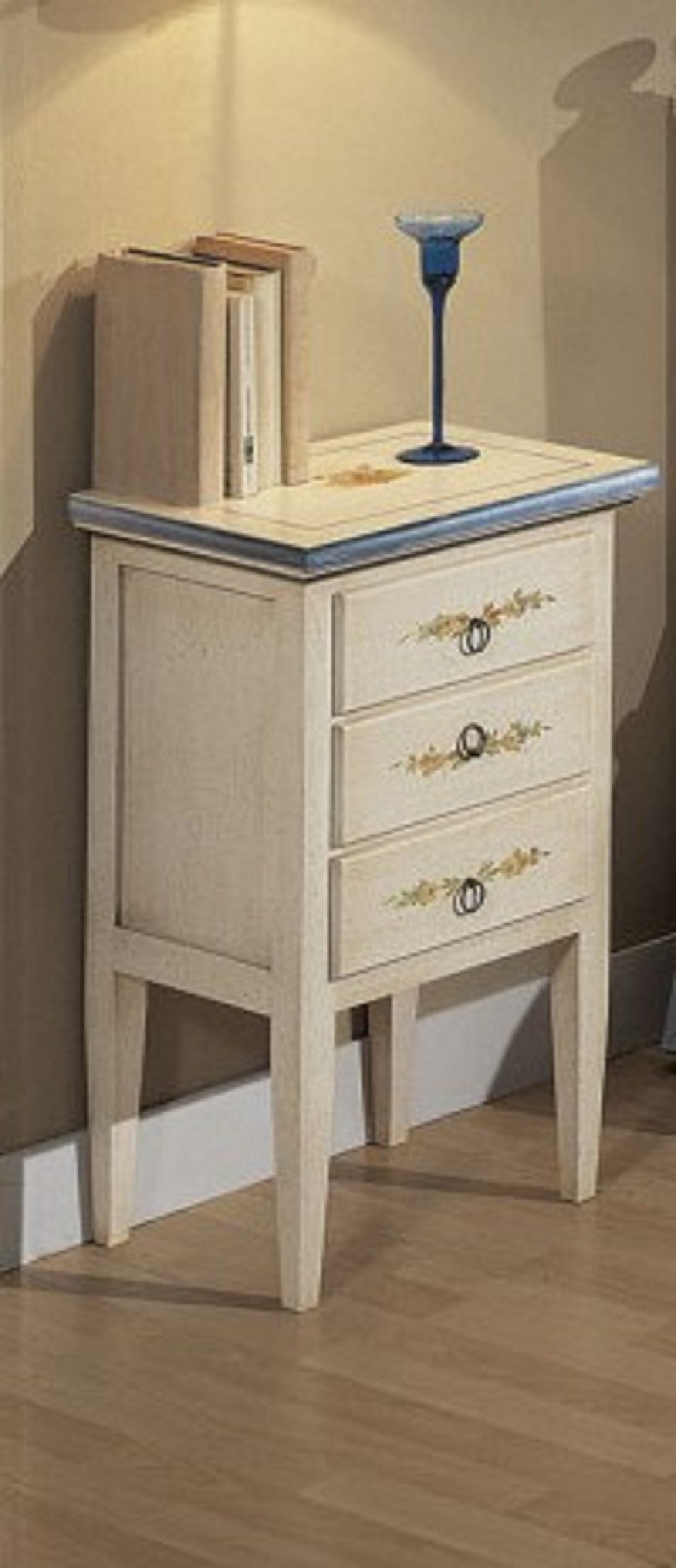 Comodino 3 cassetti bianco filo blu in legno