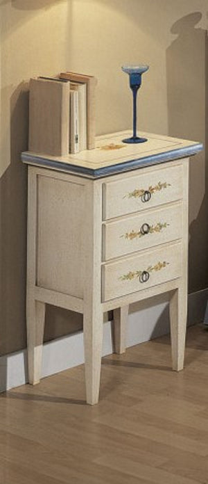 Comodino 3 cassetti bianco filo blu in legno