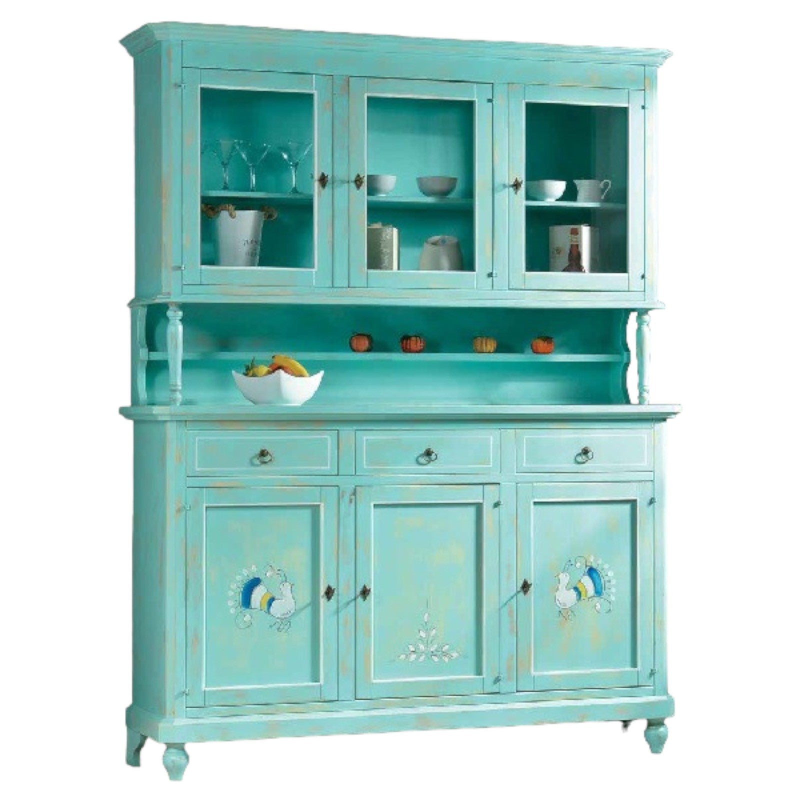 Cristalliera 3 porte 3 cassetti shabby vintage verde consumato