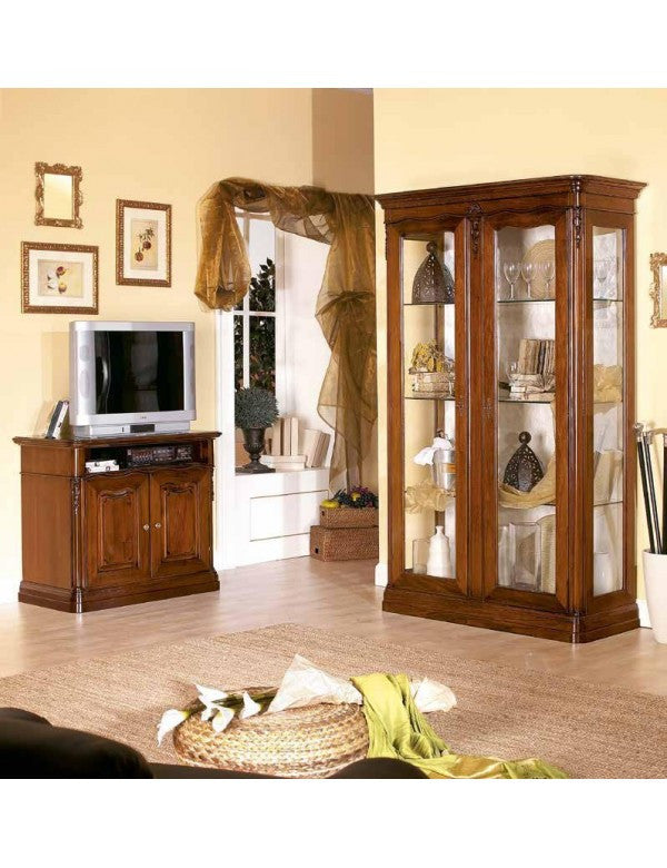 Porta tv in legno con fregi tinta noce l.98 p.52 h.86