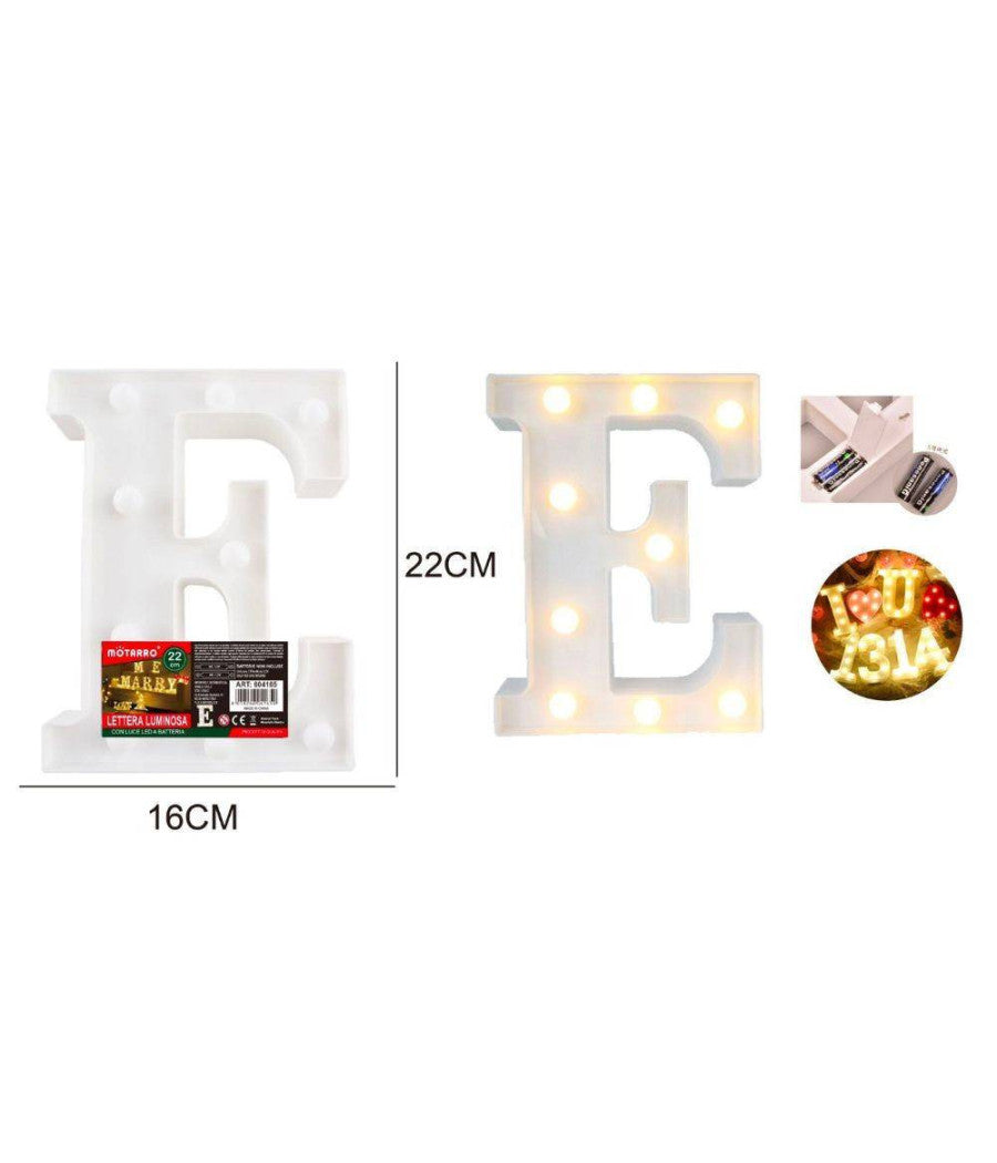 Lettera E Luminosa Con Luci Led A Batteria Decorazioni Per La Casa Dim. 22 Cm         