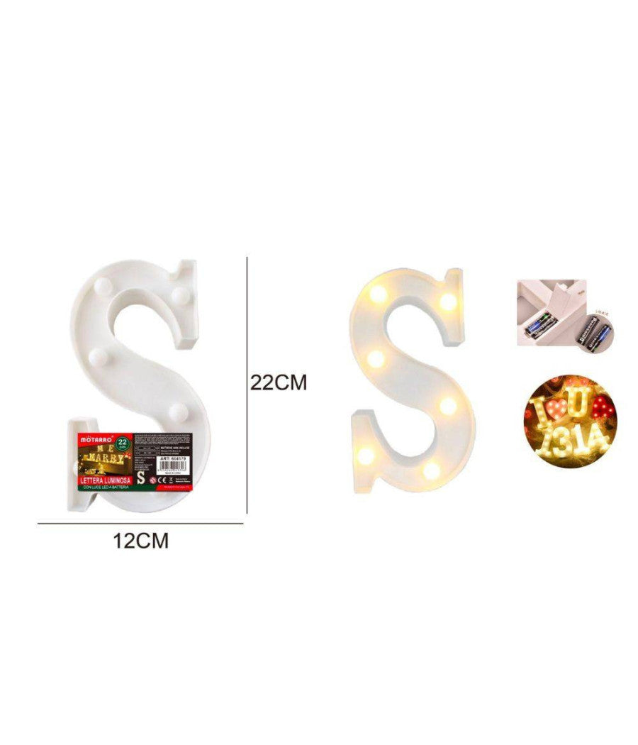 Lettera S Luminosa Con Luci Led A Batteria Decorazioni Per La Casa Dim. 22 Cm         