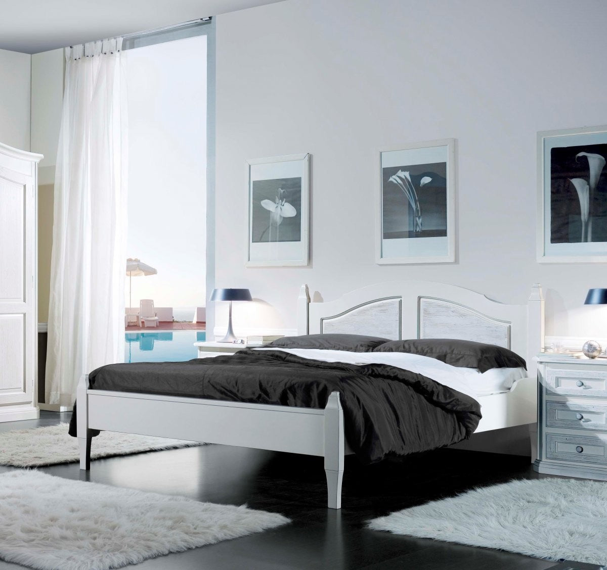 Letto matrimoniale shabby chic bianco legno massello 178x210x106 (2234) - Mobili 2G