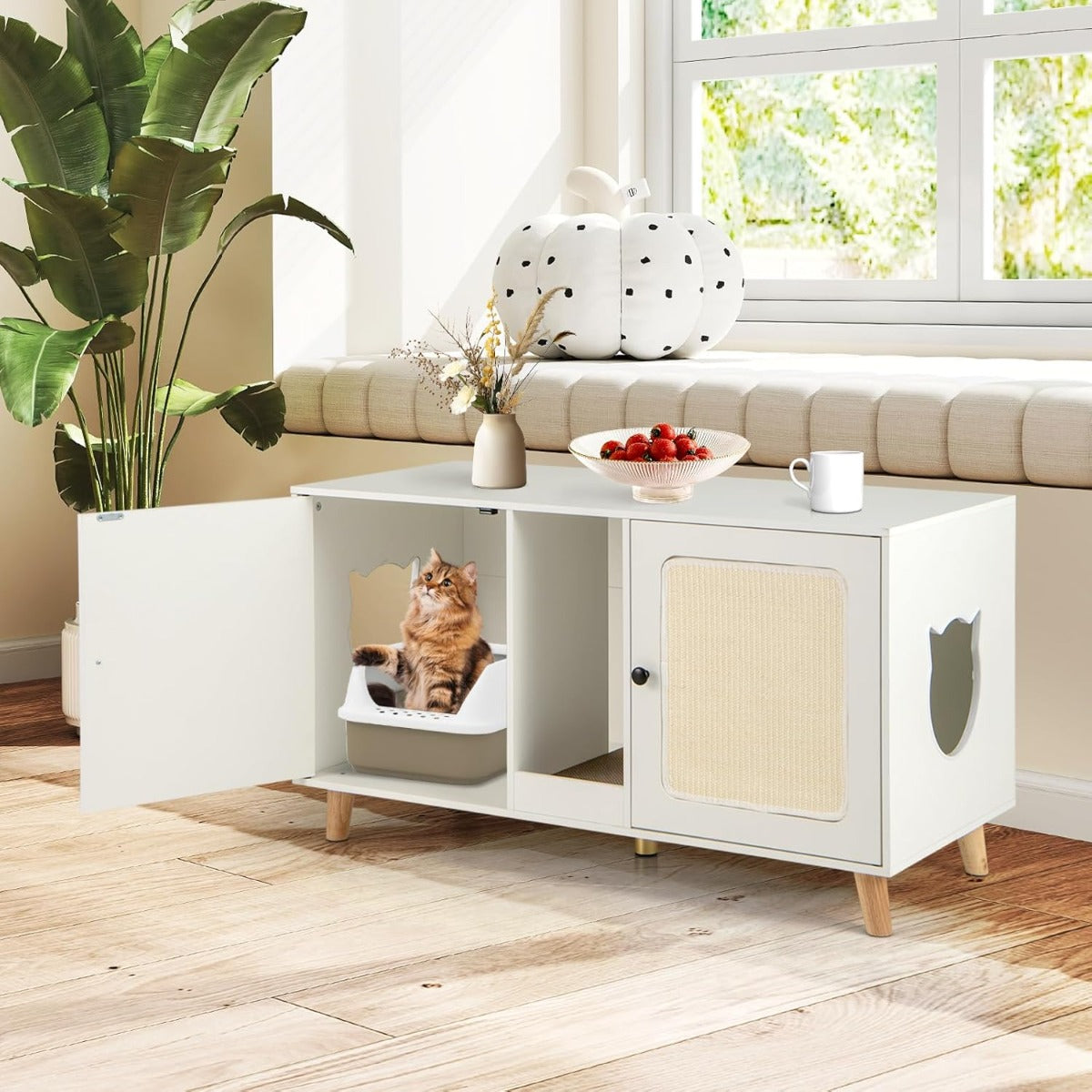 Lettiera per gatti enclosure per 2 gatti con toilette nascosta, Mobile laterale in legno moderno Bianco-Gatti