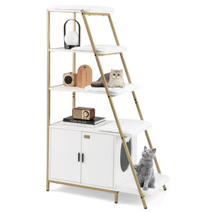 Lettiera per Gatti Grande con Stoccaggio, Mobile Nascosto per Gatti 2-in-1 con Scaffale a Scala Bianco + Oro-Lettini e divanetti
