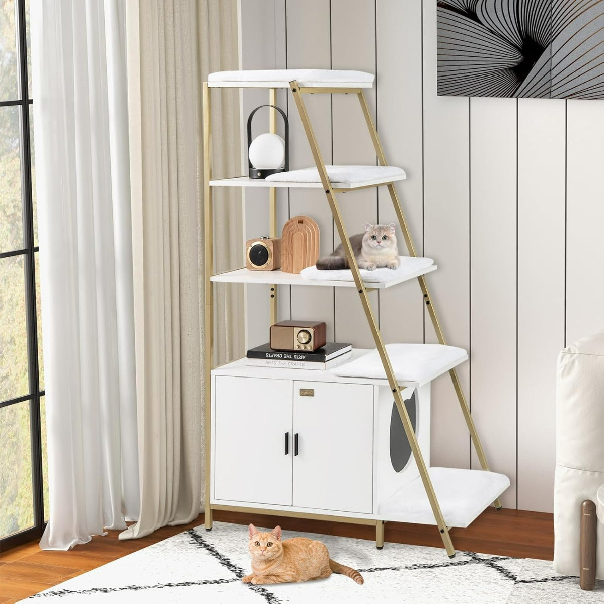 Lettiera per Gatti Grande con Stoccaggio, Mobile Nascosto per Gatti 2-in-1 con Scaffale a Scala Bianco + Oro-Lettini e divanetti
