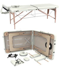 Lettino Massaggio Professionale 2 Zone In Legno, Pieghevole E Portatile X Estetiste, Massaggiatori Tattoo cod-01 - Colore Panna