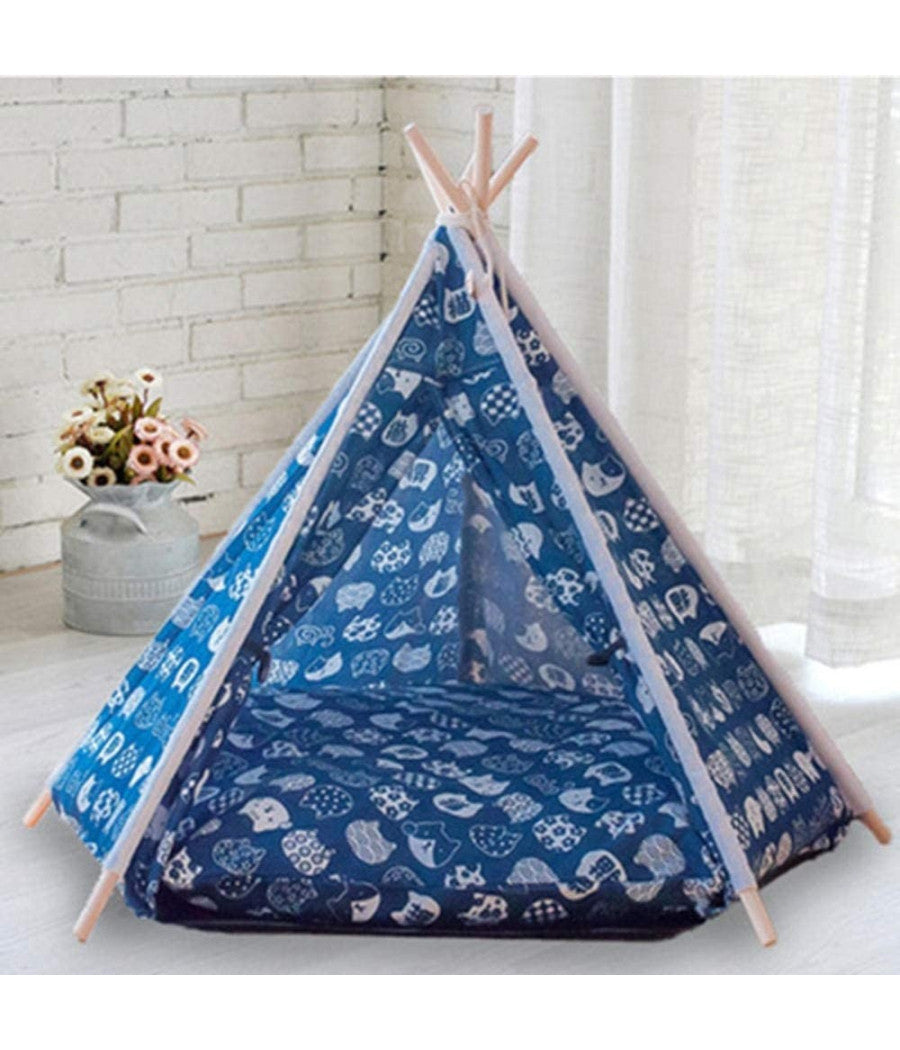 Lettino Tenda Portatile Per Animali Domestici Gatti Cani Cuscino Blu 50x50x70 Cm         