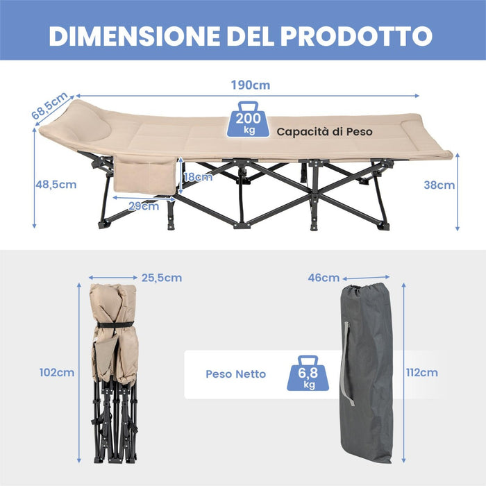 Lettino da campeggio pieghevole con borsa cuscino comodo e poggiatesta, Letto da viaggio portatile Marrone-Letti e sacchi a pelo