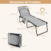 Lettino da giardino pieghevole con schienale a 4 livelli tasca laterale e poggiatesta staccabile, Sdraio portatile Grigio-Poltrone e sdraio