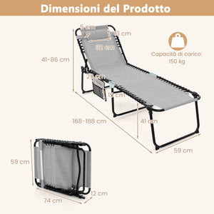 Lettino da giardino pieghevole con schienale a 4 livelli tasca laterale e poggiatesta staccabile, Sdraio portatile Grigio-Poltrone e sdraio