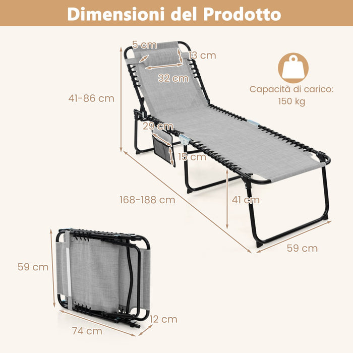 Lettino da giardino pieghevole con schienale a 4 livelli tasca laterale e poggiatesta staccabile, Sdraio portatile Grigio-Poltrone e sdraio