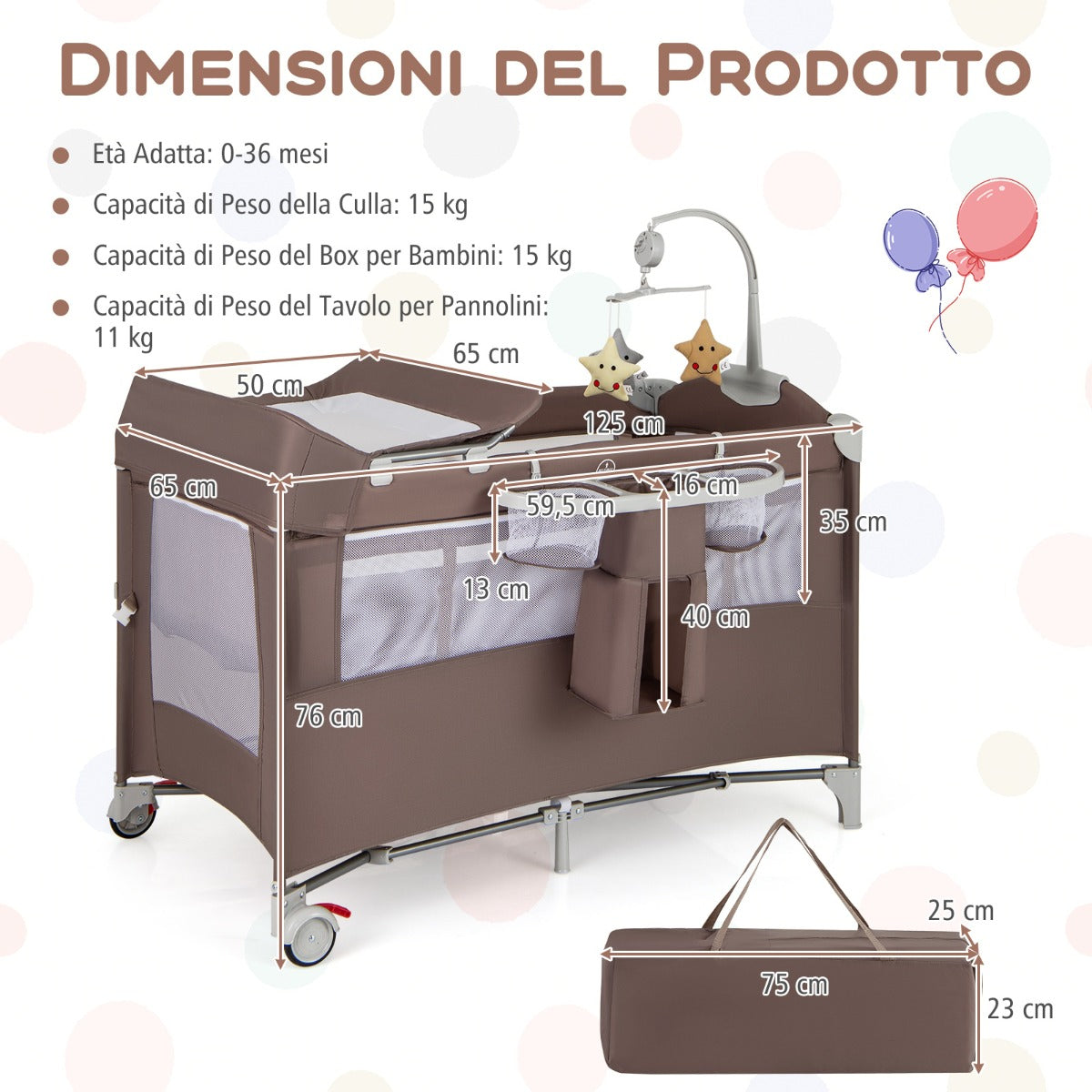 Lettino per bambini con materasso fasciatoio carillon e 3 giocattoli appesi, Box multiuso 5 in 1 Marrone-Culle