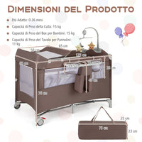 Lettino per bambini con materasso fasciatoio carillon e 3 giocattoli appesi, Box multiuso 5 in 1 Marrone-Culle