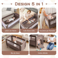 Lettino per bambini con materasso fasciatoio carillon e 3 giocattoli appesi, Box multiuso 5 in 1 Marrone-Culle