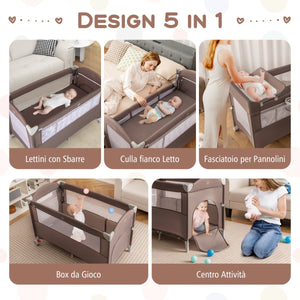 Lettino per bambini con materasso fasciatoio carillon e 3 giocattoli appesi, Box multiuso 5 in 1 Marrone-Culle