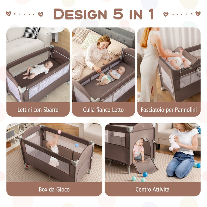 Lettino per bambini con materasso fasciatoio carillon e 3 giocattoli appesi, Box multiuso 5 in 1 Marrone-Culle