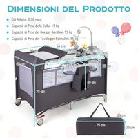 Lettino per bambini con materasso fasciatoio carillon e 3 giocattoli appesi, Box multiuso 5 in 1 Grigio scuro-Culle