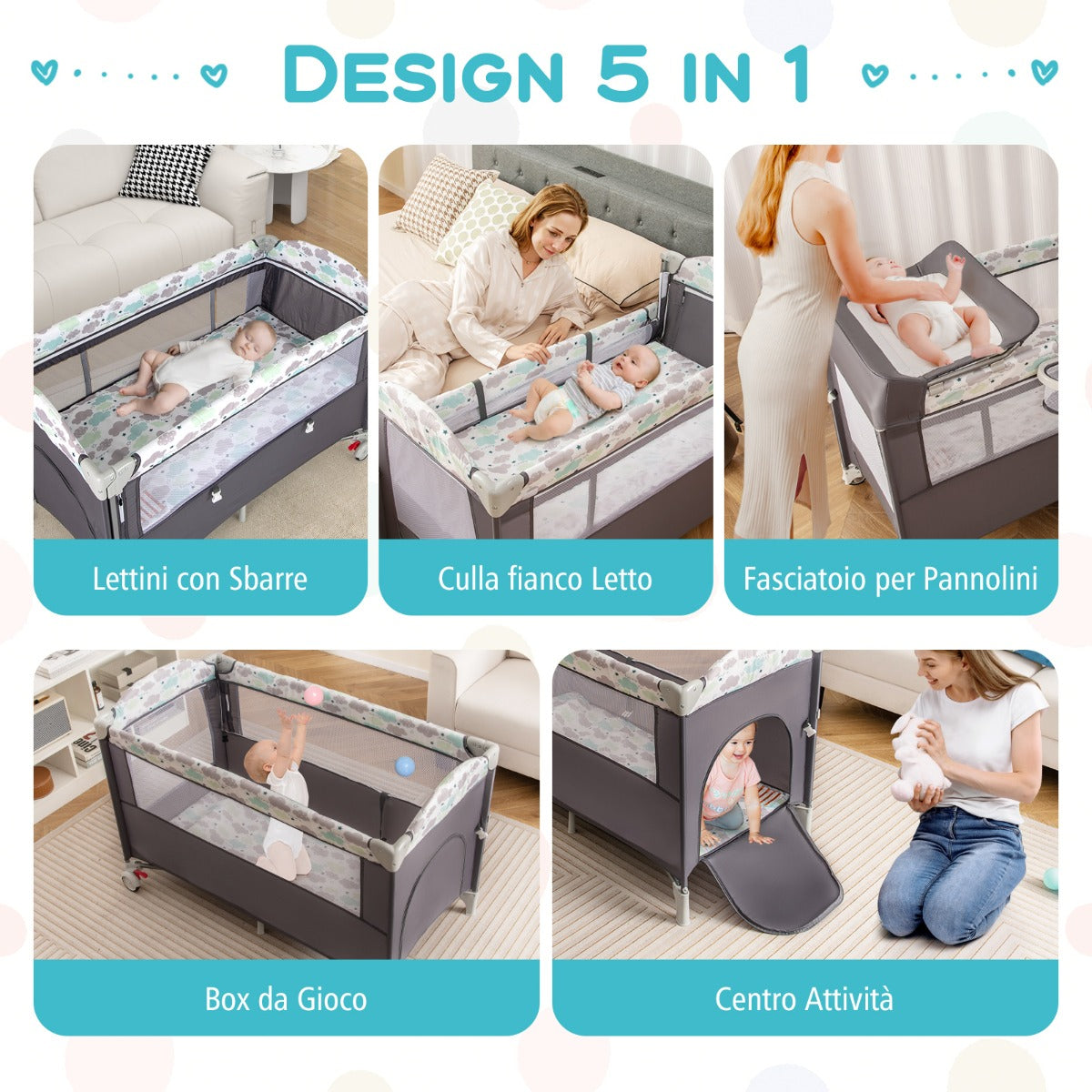 Lettino per bambini con materasso fasciatoio carillon e 3 giocattoli appesi, Box multiuso 5 in 1 Grigio scuro-Culle