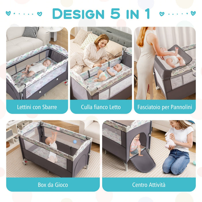 Lettino per bambini con materasso fasciatoio carillon e 3 giocattoli appesi, Box multiuso 5 in 1 Grigio scuro-Culle