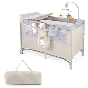 Lettino per bambini con materasso fasciatoio carillon e 3 giocattoli appesi, Box multiuso 5 in 1 Beige-Culle